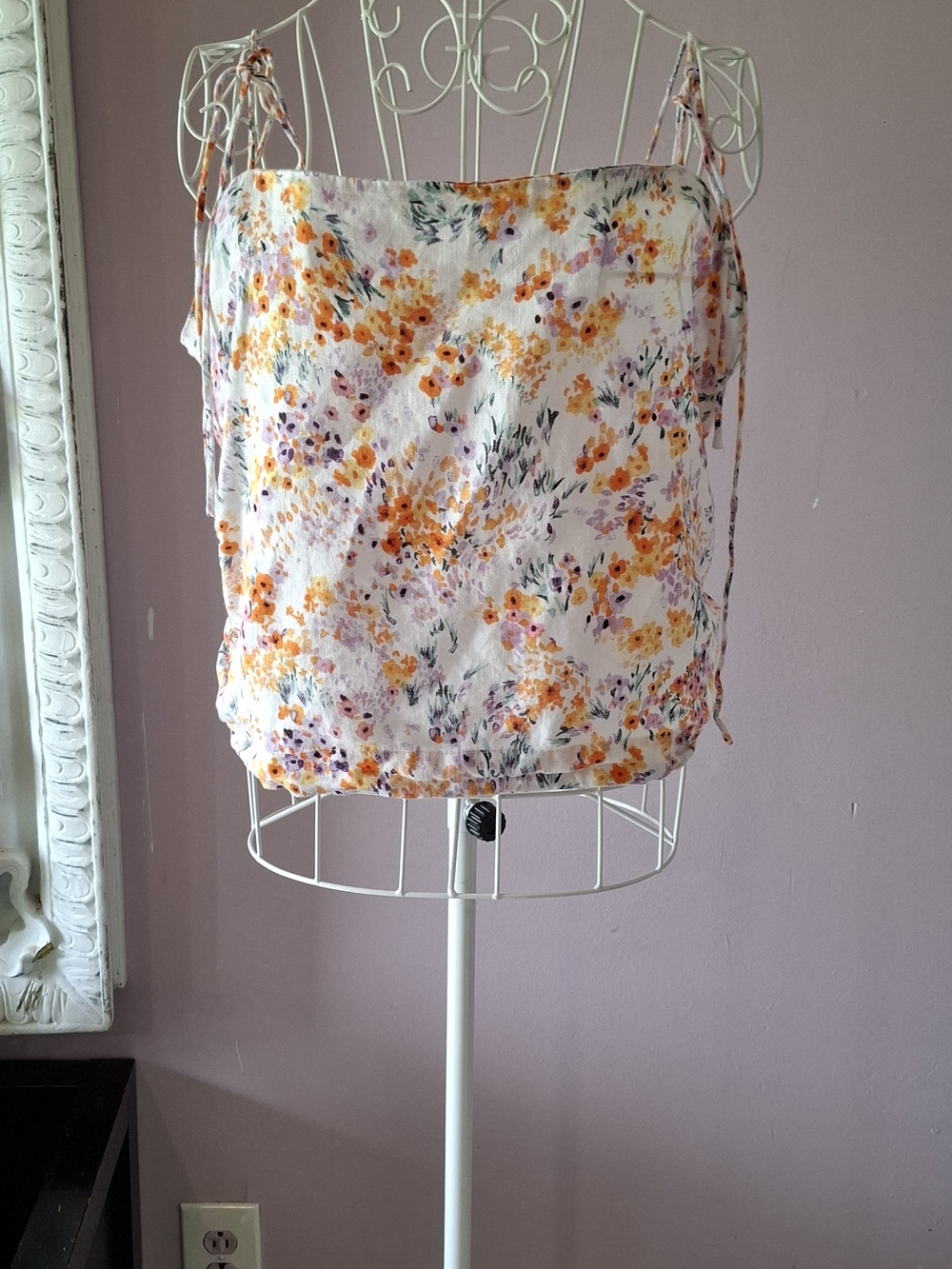 H&M White Floral Crop Top with Orange and Purple Accents